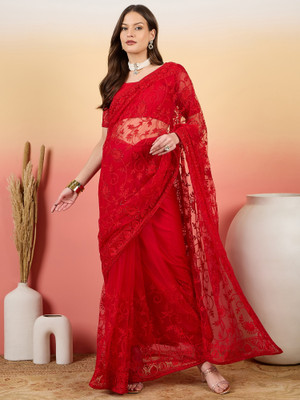 Sangria Embroidered Saree with Attached Blouse Net Saree(Red)
