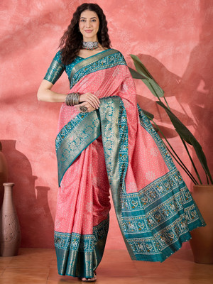 Divastri Printed Bandhani Silk Blend Saree(Pink, Blue)
