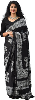 Clothonus Printed, Self Design, Hand Painted, Blocked Printed, Graphic Print Ikkat Pure Cotton Saree(Black)