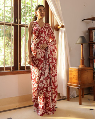 Tasrika Floral Print Bollywood Nylon Saree(Red)