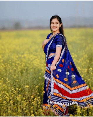 VM Selling Hub Applique Mekhela Chador Silk Blend Saree(Blue)