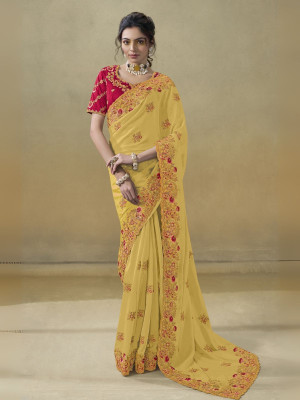 odette Embroidered Saree with Attached Blouse Georgette Saree(Pack of 2, Yellow)