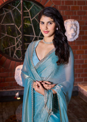 SANSKAR TEXTILE Embellished Bollywood Tissue, Pure Silk Saree(Light Blue)