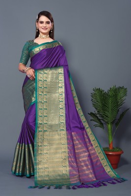 Dhami Woven Banarasi Cotton Silk, Art Silk Saree(Purple, Light Blue)