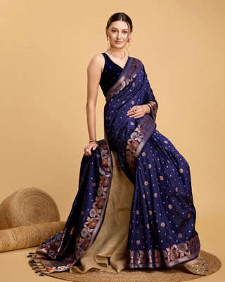 GajGajra Woven, Floral Print Banarasi Pure Silk Saree(Dark Blue)