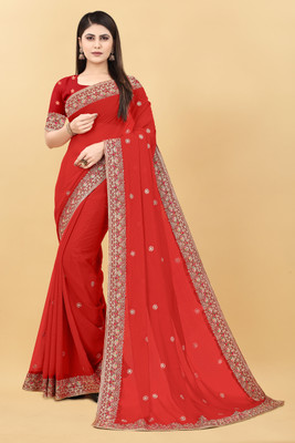 FluteFashion Embroidered Bollywood Georgette Saree(Red)