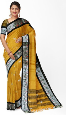 DEEP KIRAN FABRICS Woven, Temple Border, Embellished, Self Design, Striped Assam Silk Cotton Silk Saree(Gold)
