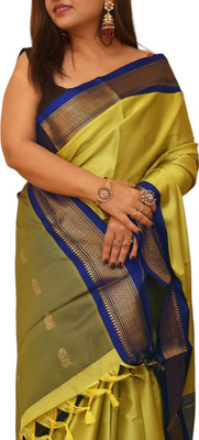 NST5 Printed, Woven Paithani Cotton Silk Saree(Yellow, Blue)