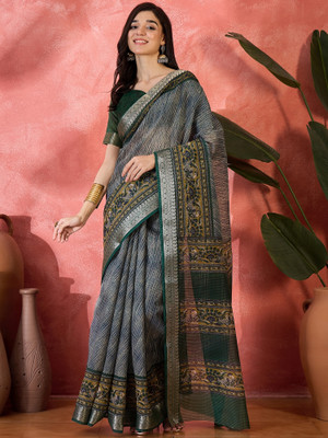 Vichitra Printed Bollywood Silk Blend Saree(Dark Green)