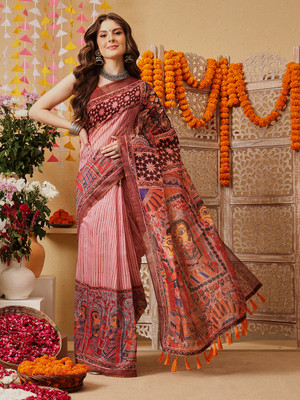 SILK ZONE Printed Chanderi Cotton Blend Saree(Pink)