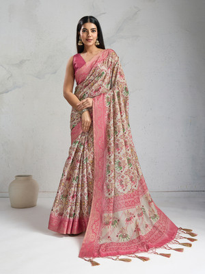 RekhaManiyar Printed Saree with Attached Blouse Silk Blend Saree(Pink)