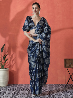 Sangria Printed Daily Wear Satin Saree(Blue)
