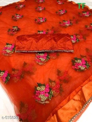 TANVI DESIGNER Embroidered Bollywood Net Saree(Orange)