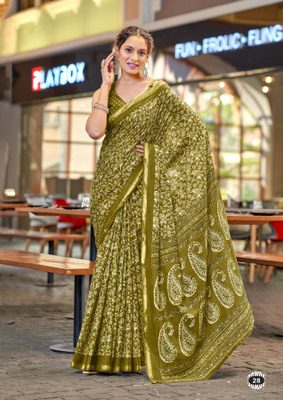 Divastri Floral Print Chanderi Cotton Blend Saree(Light Green)