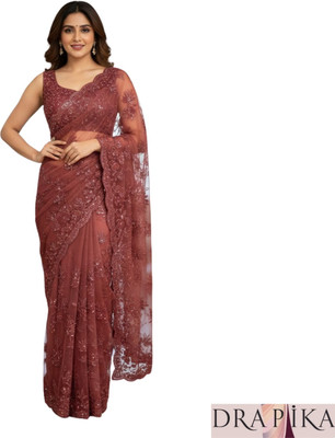 DRAPIKA Embroidered, Embellished, Floral Print Bollywood Net Saree(Brown)