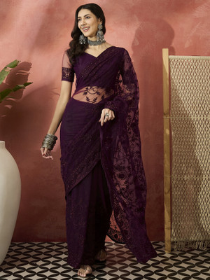 manvaa Embellished Daily Wear Net Saree(Maroon)