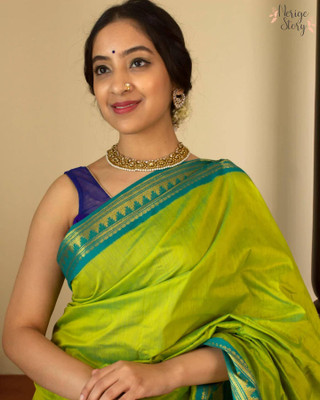 Unique Queens Woven Handloom Cotton Silk Saree(Light Green)