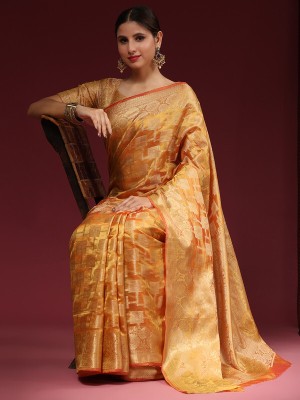 KALIPATRA Floral Print Banarasi Organza Saree(Yellow)