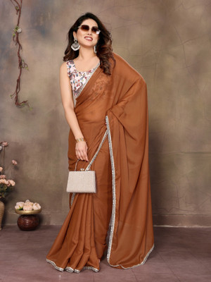 Shreesai Solid/Plain Bollywood Georgette Saree(Brown)
