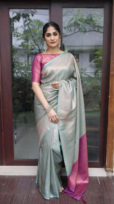 ROOP LAVANYA Woven Kanjivaram Jacquard, Art Silk Saree(Light Blue, Pink)