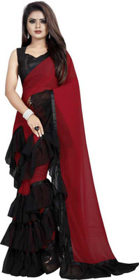 Queen worth Solid/Plain Bollywood Georgette Saree(Maroon, Black)