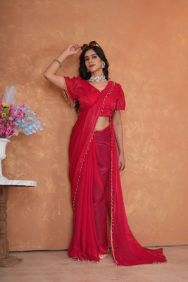 Vraggi Embellished, Embroidered, Solid/Plain Bollywood Chiffon, Pure Silk Saree(Pink)