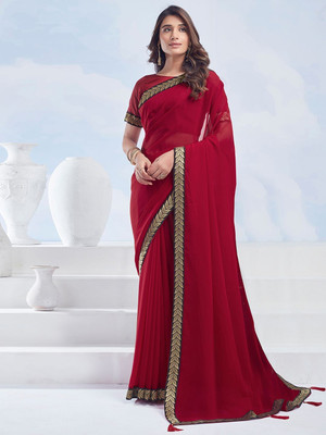 shiv textiles Solid/Plain Bollywood Georgette Saree(Red)