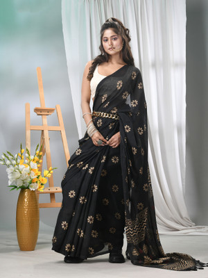 Desh Bidesh Floral Print Tant Pure Cotton Saree(Black)