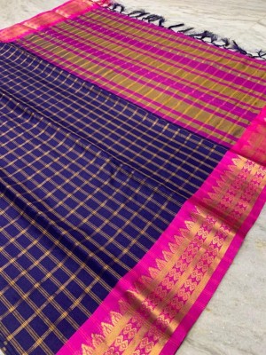 Fancy Fab Temple Border, Geometric Print, Embroidered, Embellished, Graphic Print, Polka Print Pochampally Art Silk, Cotton Silk Saree(Dark Blue, Gold, Pink)