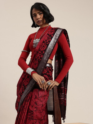 Taavi Self Design Handloom Pure Cotton Saree(Red)