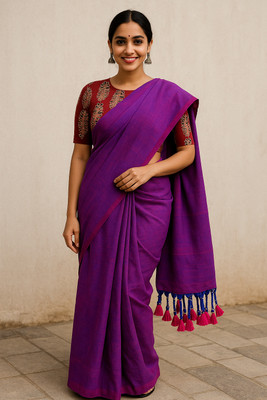 SMRITI BOUTIQUE Solid/Plain Handloom Cotton Blend Saree(Purple)