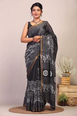 Anuttara Floral Print Bhagalpuri Cotton Silk Saree(Black)