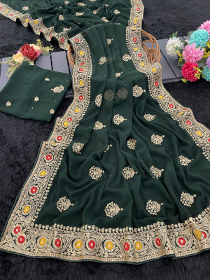 monoria Embroidered Chanderi Georgette Saree(Dark Green)