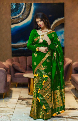 shitalenterprise Self Design Mekhela Chador Silk Blend Saree(Green)