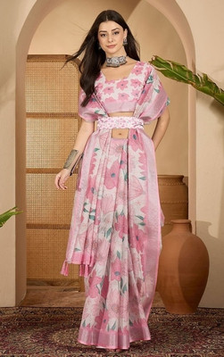 Shreehari Fashion Digital Print Daily Wear Cotton Linen Saree(White)