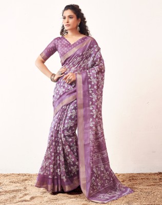 SIRIL Printed Bollywood Cotton Blend Saree(Purple, White)