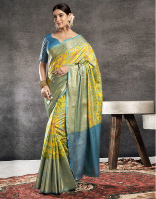 Satrani Woven, Embellished, Self Design Patola Silk Blend Saree(Yellow, Blue, Multicolor)