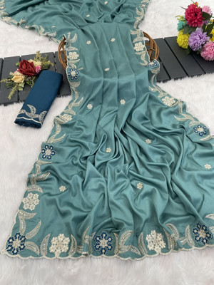 KANDORA Embroidered Bollywood Silk Blend Saree(Blue)