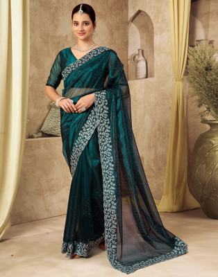 Samah Embellished, Embroidered Bollywood Net Saree(Blue)