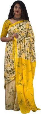 Tropwear Floral Print Ikkat Pure Cotton Saree(Yellow)