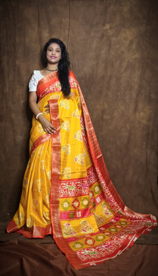 cloud vastra Printed Handloom Tussar Silk Saree(Mustard)