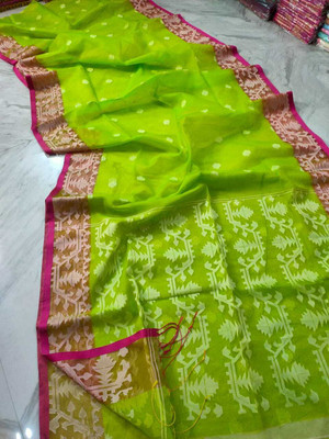 sahatextiledam Woven Jamdani Muslin Saree(Light Green)