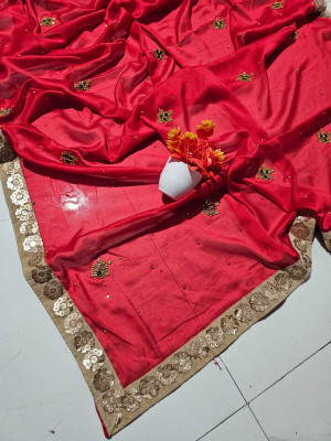 EMMANUEL TRADERS Embellished, Dyed Bollywood Chiffon, Nylon Saree(Red)