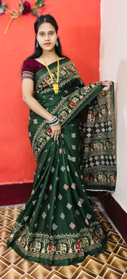 ARTFULTHREADS Printed, Graphic Print Sambalpuri Pure Cotton Saree(Green)