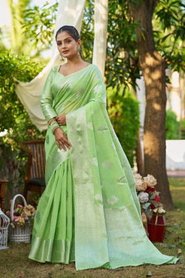 SWORNOF Woven Bollywood Linen Saree(Light Green)