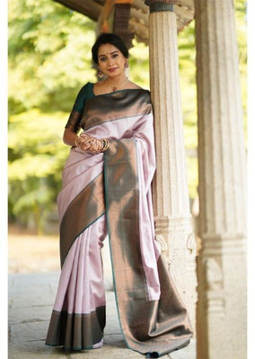 HouseOfCommon Striped Kanjivaram Pure Silk Saree(Purple)