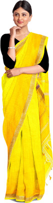DipDiya Solid/Plain Handloom Cotton Blend Saree(Yellow)