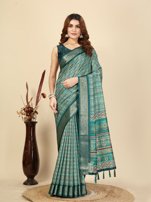 HouseOfCommon Blocked Printed Mysore Art Silk Saree(Light Blue)