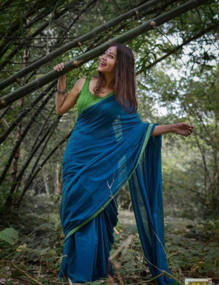 Abharani Saree Kuthir Solid/Plain Bollywood Cotton Blend Saree(Blue)
