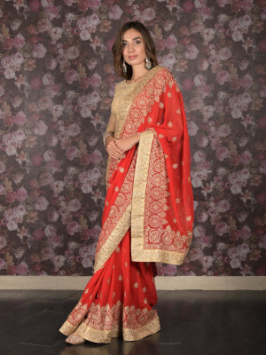 odette Embroidered Saree with Attached Blouse Georgette Saree(Red)